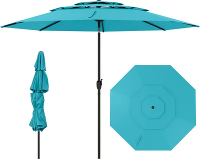 A turquoise patio umbrella is shown in three views: fully open, folded, and from a top-down perspective.