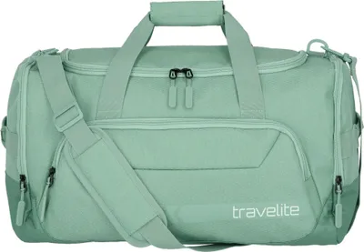 A green duffel bag is shown against a white background.