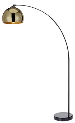 Produktbild von Teamson Home Arquer Bogenlampe in Gold mit schwarzem Kunstmarmorfuß, Glockenschirm und Fußschalter –  Akzentbeleuchtung für Zuhause