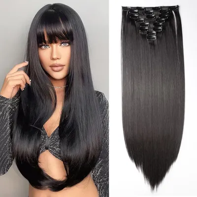 Obrázok produktu pre Clip-in predlžovanie vlasov, syntetické vlasy, 8 prameňov, 18 sponiek, rovné, prírodná čierna, 66 cm, 140 g