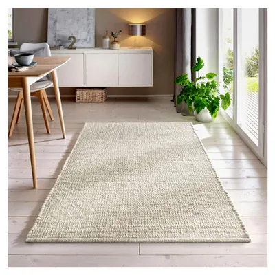 Produktbild von Handgewebter Teppich aus Schurwolle im skandinavischen Landhausstil in verschiedenen aktuellen Farben für Wohnzimmer, Esszimmer, Schlafzimmer, Flur, auch als beidseitig verwendbarer Läufer in Weiß 070x130 cm