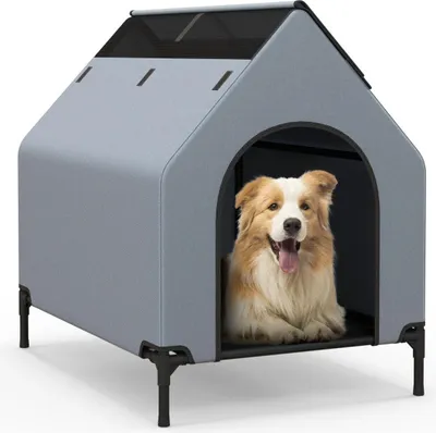Produktbild von 2 in 1 Hundehütte & erhöhtes Hundebett Hundeliege Outdoor Haustierhaus mit atmungsaktivem Netzgewebe Grau 64 x 91 x 86 cm