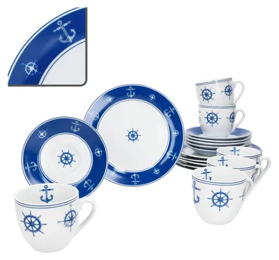 Produktbild von Ahoi 18tlg Kaffeeservice blau-weißes Geschirr Tasse Untertasse Teller Anker