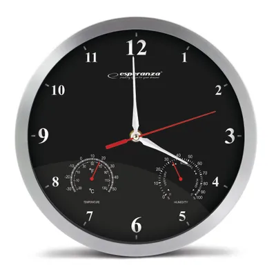 A black analog wall clock with a silver frame, featuring a thermometer and hygrometer.