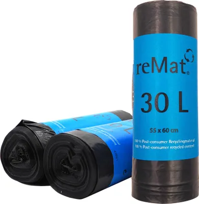 Produktbild von reMat Müllbeutel 30l aus 100% Post-Consumer Recyclingmaterial (PCR), 60 Mülltüten, Reißfest, Geruchsneutral, für die Restmüll- und Wertstoffsammlung