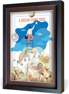 Produktbild von aFFa frames My Piggy Bank Spardose, 3D Bilderrahmen zum Befüllen, Geldgeschenke Verpackung für Auto, Haus, Geburtstag, mit Acrylglasfront, aus Holz, 32x42x2,5cm, Braun, Rahmen Traum Muster