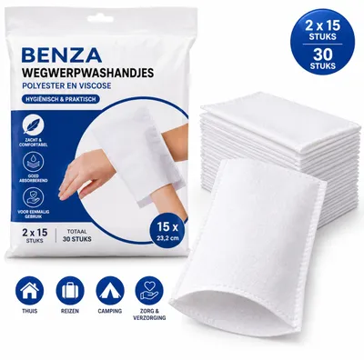 Productafbeelding van Benza – Wegwerpwashandjes – 2 x 15 Stuks – Polyester en Viscose – 23,2 x 15 cm – Wit – Voor Verzorging, Reizen en Onderweg, AI-gegenereerde afbeelding