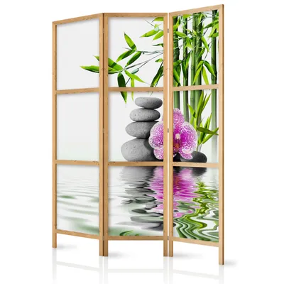 Produktbild von Paravent Blumen Orchidee SPA Steine Bamboo 135x171 cm - 3-teilig - einseitig - eleganter Sichtschutz - Raumteiler - Trennwand - Raumtrenner - Holz - Design Motiv - Deko - Japan p-B-0033-z-b