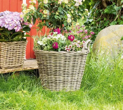 Produktbild von Pflanzkorb "Rustikal" Ø 45x40 cm groß, aus Rattan, rund, grau, Blumentopf, Pflanzkübel, Pflanztopf für Draußen, Blumenkübel