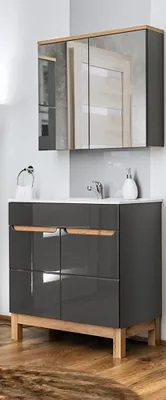 Produktbild von Waschplatz Set 2-teilig mit Keramik Waschtisch 60 cm SOLNA-56 Hochglanz grau & Spiegelschrank BxHxT ca.:  60 x 200 x 45 cm