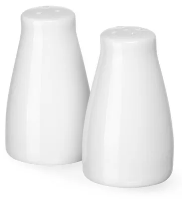 Two white ceramic salt and pepper shakers on a white background.