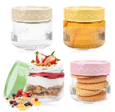 Immagine prodotto di TRANKIELO® - Confezione da 4 vasetti di vetro riutilizzabili da 250 ml - Barattoli con coperchio a vite - Ideali per porridge, yogurt, conserve