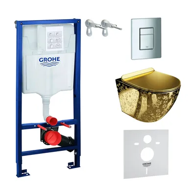 Produktbild von GROHE Vorwandelement Solido + Wand Hänge WC Sofi Slim Golden Eye Gold Spülrandlos + WC-Sitz SoftClose | Verchromter Knopf | Komplettset | Unterputz Spülkasten | Toilette Komplett Sett