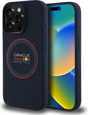 A dark blue iPhone 15 Pro case with the Oracle Red Bull Racing logo is shown next to the phone.