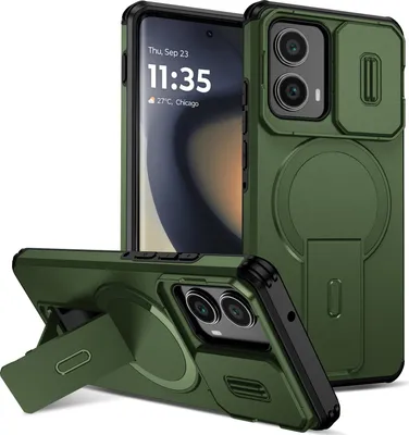 Obrázek produktu pro Magnetické pouzdro pro Motorola Edge 2024, dvouvrstvé odolné pouzdro s posuvnou ochranou fotoaparátu a nastavitelným stojánkem Zelená