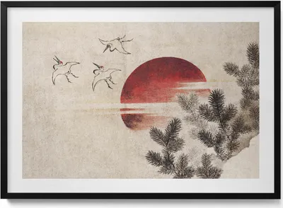 Produktbild von Japanische Sonnenuntergang Kunst– Wandbild mit Rahmen – Gerahmtes Bild  – Wanddekoration – 100x70 cm –  Schwarz Rahmen