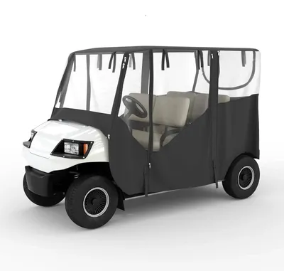 Obrázok produktu pre Kryt na golfový vozík – strecha pre 4-miestny vozík – extra odolný a nepremokavý materiál 600D – priehľadné okná – dvere so zipsom, ktoré sa dajú vyhrnúť