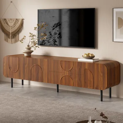 Produktbild von MODFU Fernsehbank Nussbaum Lowboard mit 2 Schubladen abgerundete Ecken Metallbeine TV-Schrank mit Kabeldurchlässe Wohnzimmerschrank
