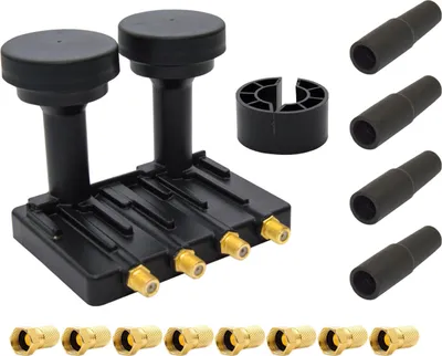 Produktbild von PremiumX Monoblock Quad LNB 0,1dB für Sat Schüssel Astra 19,2° Hotbird 13° 4 Teilnehmer 4x Gummitülle 8x F-Stecker