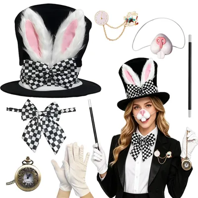 Image de Ensemble de déguisement comprenant des oreilles de lapin noires, un chapeau et des accessoires