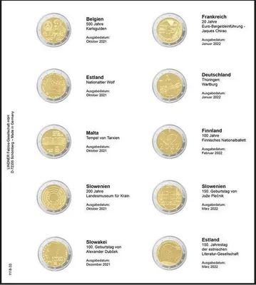 Produktbild von Lindner 1118-33 Vordruckblatt für 2 Euro-Gedenkmünzen: Belgien 2021 - Estland 2022