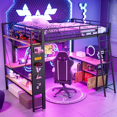 Produktbild von okwish Hochbett Jugendbett 140x200 cm mit LED-Lichtleiste,Bettgestell mit Schreibtisch und mehreren,Funktionsbett mit USB-Anschluss,Schwarz(ohne Matratze)