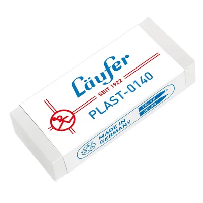 A white eraser with blue and red text and logos on a white background.