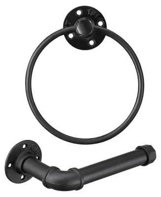 Image de Ensemble de porte-rouleau de papier toilette et de porte-serviettes noirs mats pour salle de bain