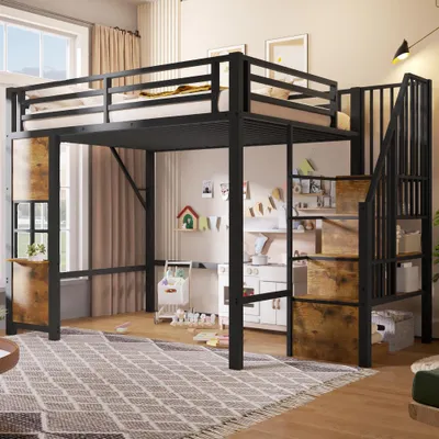 Produktbild von Hochbett mit Fensterdesign, Sicherheitsgeländer und offener Stauraum, inklusive Ablageleiter, ohne Matratze, Eisenrahmen. Schwarz, 140 x 200 cm