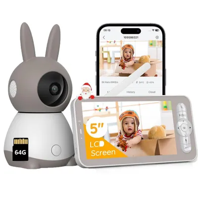 Obrázek produktu pro Dětská chůvička s kamerou 2K 5" WLAN video babyphone PTZ 360° IR noční vidění automatické sledování pláče/pohybu/detekce zvuku s 64G