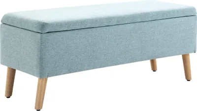 A light green upholstered storage bench with wooden legs, shown against a white background.