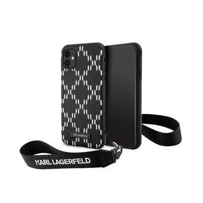 A black iPhone case with a white monogram pattern and a black wrist strap with the Karl Lagerfeld logo is shown against a white background.