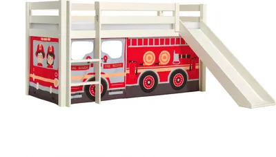 Produktbild von Halbhohes Bett Pino mit Rutsche und Textilset Feuerwehr Kiefer Weiß lackiert