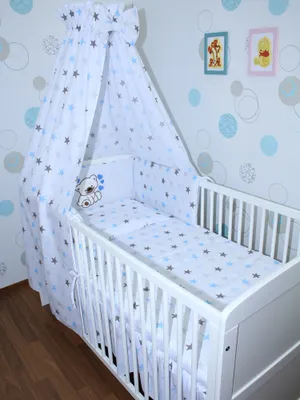 Produktbild von Primawela Baby Bettwäsche Set mit Applikation- 6 teiliges Set mit Vollstoff Himmel Bettset Nestchen -13.Bärchen mit Herzen-Star Blau