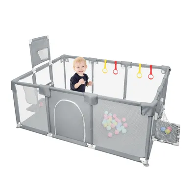 Produktbild von Baby Laufstall 180x120x66cm mit Basketball-Netz atmungsaktivem Babys laufgitter mit Sicherheitstür 50 Ozeanball dunkelgrau