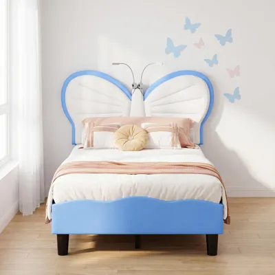 Produktbild von INONEFT Prinzessinbett mit Leselampe 90x200 cm, verstellbarem Kopfteil in Schmetterlingsform, Jugendbett, Polsterbett, Einzelbett