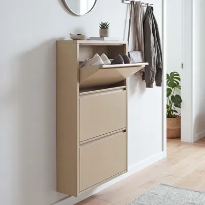 Productafbeelding van Schoenenrek HWC-R25, schoenenkast, 3 kiepbakken voor 9 paar schoenen, metaal, 104x66x16cm, beige