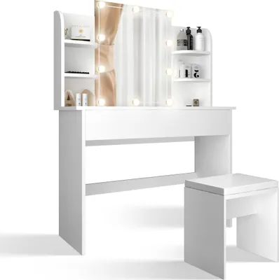 Produktbild von MIADOMODO® Schminktisch mit Beleuchtung - 1080x400x1400 mm, mit Spiegel, Hocker, Schublade, USB, LED, Dimmbar, Edel, Platzsparend, Weiß - Vanity Table