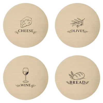 Produktbild von Gravierte Holzuntersetzer – 4er-Set, Wein-, Brot-, Käse- und Olivenmotiv, Buche, 10 cm