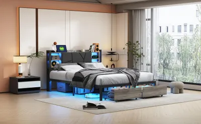 Immagine prodotto di Letto matrimoniale imbottito 140 x 200 cm con illuminazione a LED, porta USB e spazio di archiviazione, struttura del letto in metallo