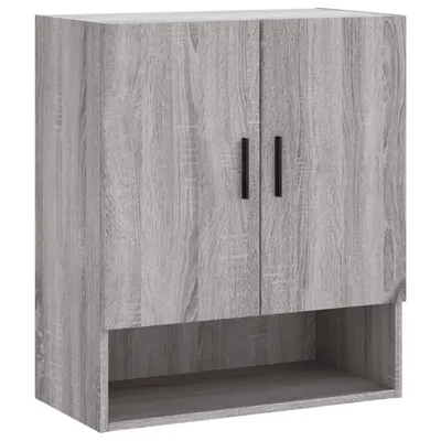 A gray wood-effect wall cabinet with two doors and an open shelf below, shown against a white background.