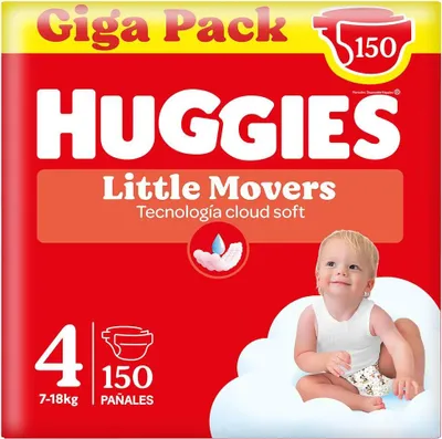 A package of Huggies Little Movers baby diapers, featuring a baby sitting on a cloud.