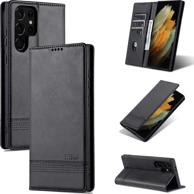 Produktbild von Leder Hülle für Samsung Galaxy S24 Ultra, Klapphüllen Brieftasche Magnetverschluss Ständer Schutzhülle Schwarz