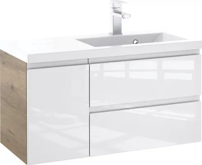 Produktbild von Furni Badunterschrank 90 cm Rechts mit Waschbecken – Korpus Eiche-Optik & Front Weiß Hochglanz, Vormontiert, Waschtisch-Set modern