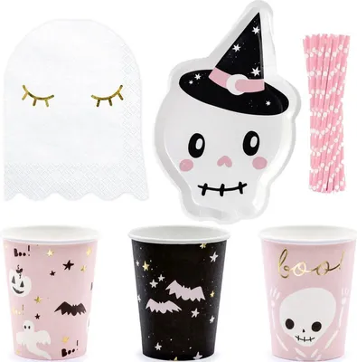 Produktbild von Partyset Skelett Halloween Teller Becher Servietten 68 tlg.