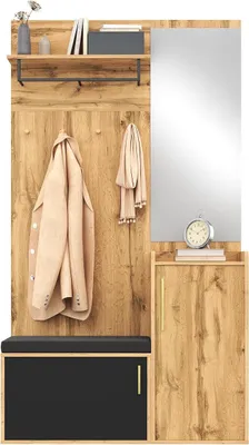 Productafbeelding van Garderobeset: Wandgarderobe met spiegel en 2 deuren. Entreegarderobeset: Garderobekast met schoenenbank en schoenenkast, 100x38x185cm, zwart + houtkleur, HNDE022