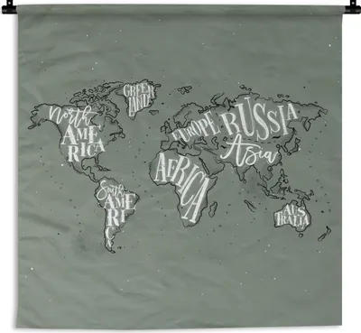 Produktbild von MuchoWow® Wandteppich Wandbehang Weltkarte - Grau - Weiß - Buchstaben 120x120 cm Tapisserie Dekoration Wandtuch - Modern - Baumwollgewebe