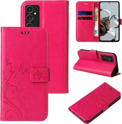 A collage of images showing a pink floral butterfly flip case for a Samsung Galaxy S24 phone.