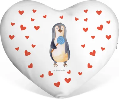 Produktbild von Mr. & Mrs. Panda Partnerkissen Pinguin Lolli - Weiß - Geschenk, Dekokissen, Liebe Kissen, Sofakissen, Spruch, Rebell, Süßigkeiten, dekoartikel, Süß, Heißhunger, Naschen