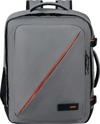 A front view of a gray backpack with an orange diagonal stripe.